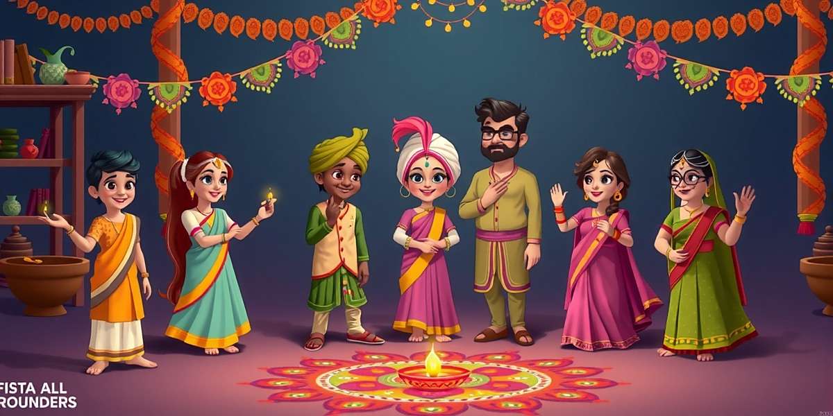 Fiesta All Rounders Diwali Event Fiesta All Rounders Diwali celebration event showing characters in traditional attire with festive lighting and rangoli designs